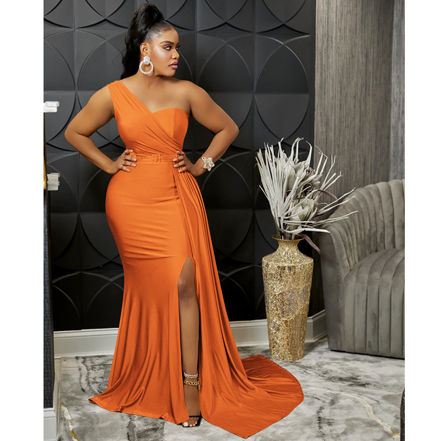 CM.YAYA One Shoulder Skew Neck Tassel Side Floor Length Mermaid Long Maxi Dress Women 2022 Sexy Party Club Even Prom Dresses