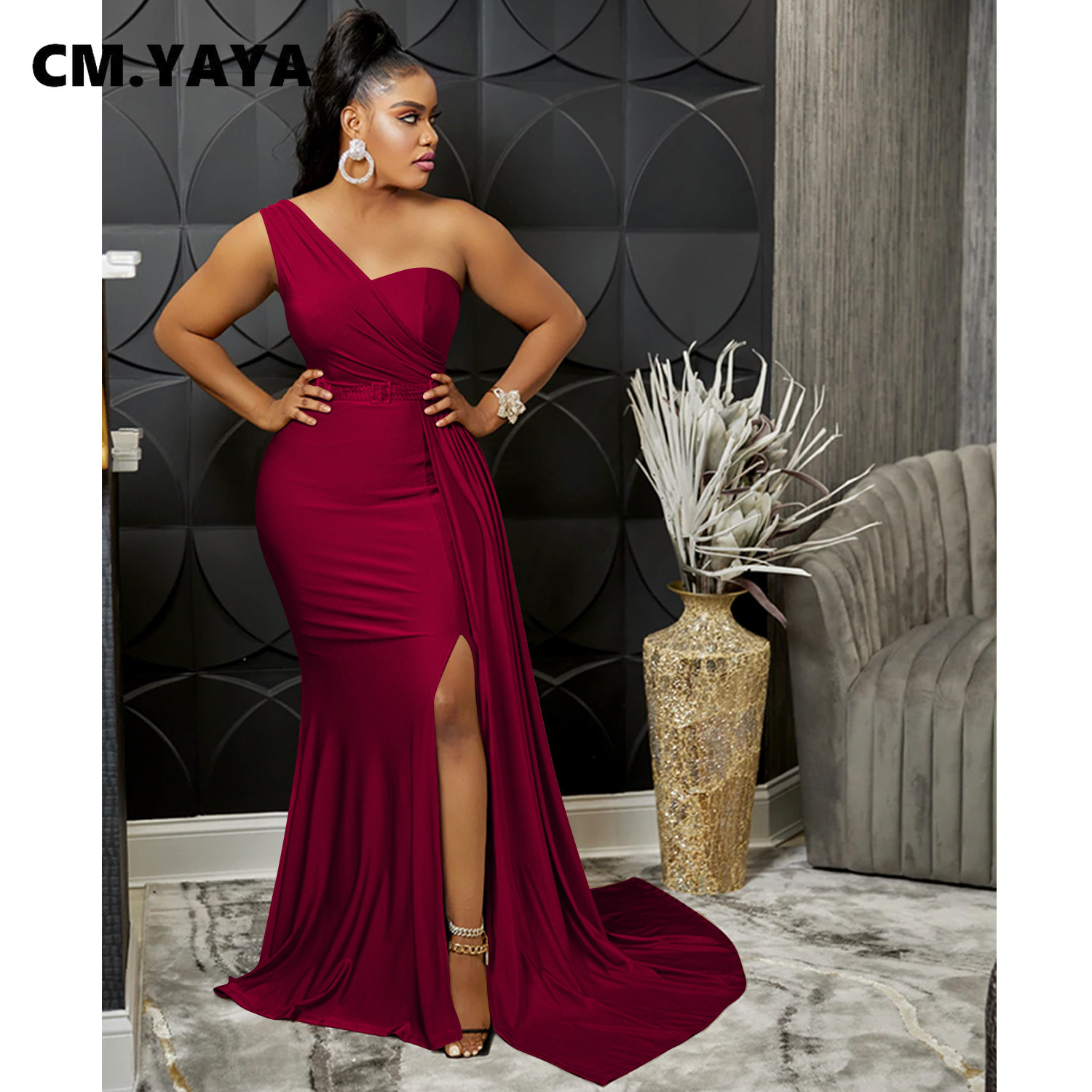 CM.YAYA One Shoulder Skew Neck Tassel Side Floor Length Mermaid Long Maxi Dress Women 2022 Sexy Party Club Even Prom Dresses