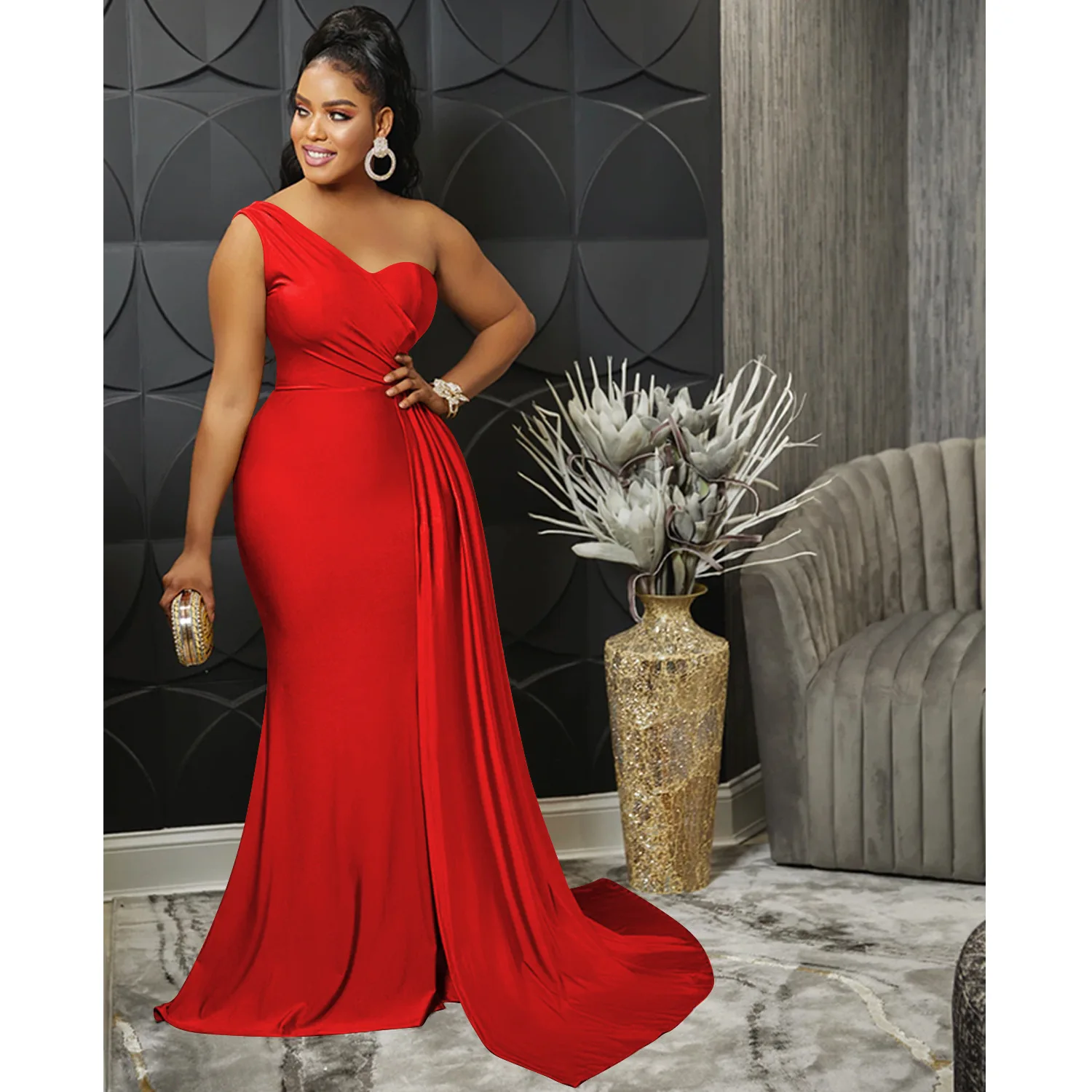 CM.YAYA One Shoulder Skew Neck Tassel Side Floor Length Mermaid Long Maxi Dress Women 2022 Sexy Party Club Even Prom Dresses