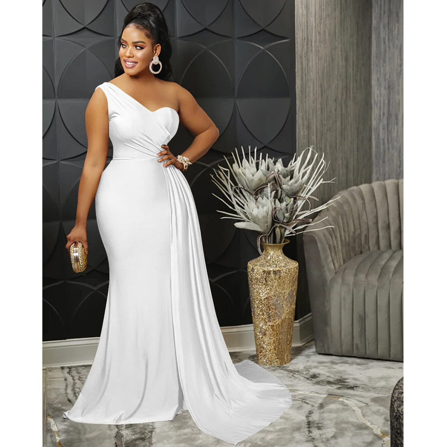 CM.YAYA One Shoulder Skew Neck Tassel Side Floor Length Mermaid Long Maxi Dress Women 2022 Sexy Party Club Even Prom Dresses