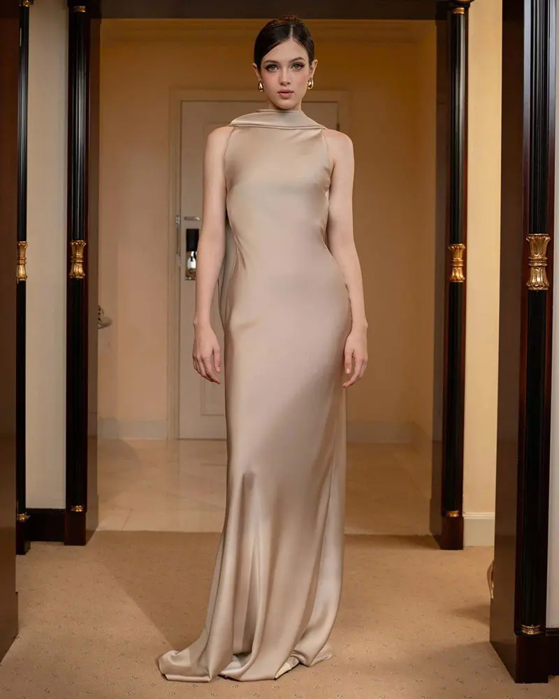 GACVGA Satin Elegant Maxi Evening Dress with Ribbons Women Sleeveless Straight Pleats Robe Gowns Club Sexy Bodycon Long Dresses