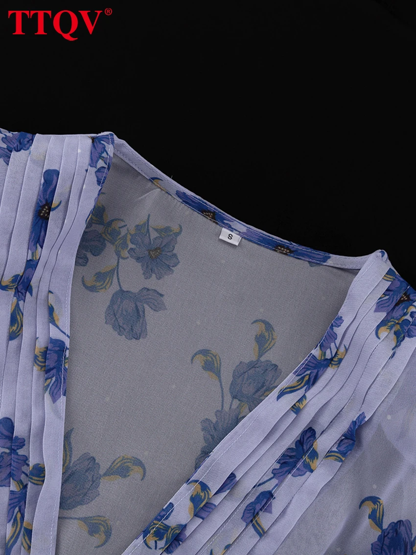 TTQV Fashion Loose Print Women Dress 2025 Sexy Deep V-Neck Short Sleeve Mini Dresses Elegant Classic High Waist Female Dress
