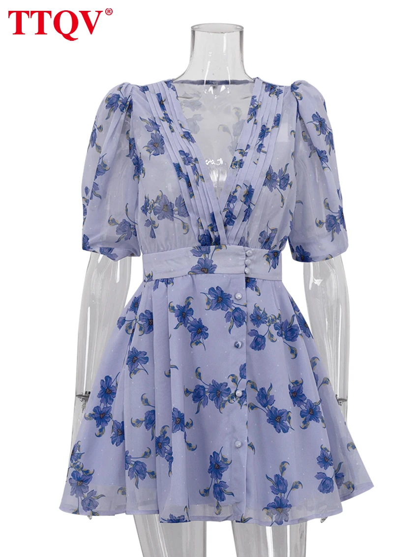 TTQV Fashion Loose Print Women Dress 2025 Sexy Deep V-Neck Short Sleeve Mini Dresses Elegant Classic High Waist Female Dress