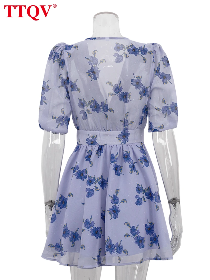 TTQV Fashion Loose Print Women Dress 2025 Sexy Deep V-Neck Short Sleeve Mini Dresses Elegant Classic High Waist Female Dress