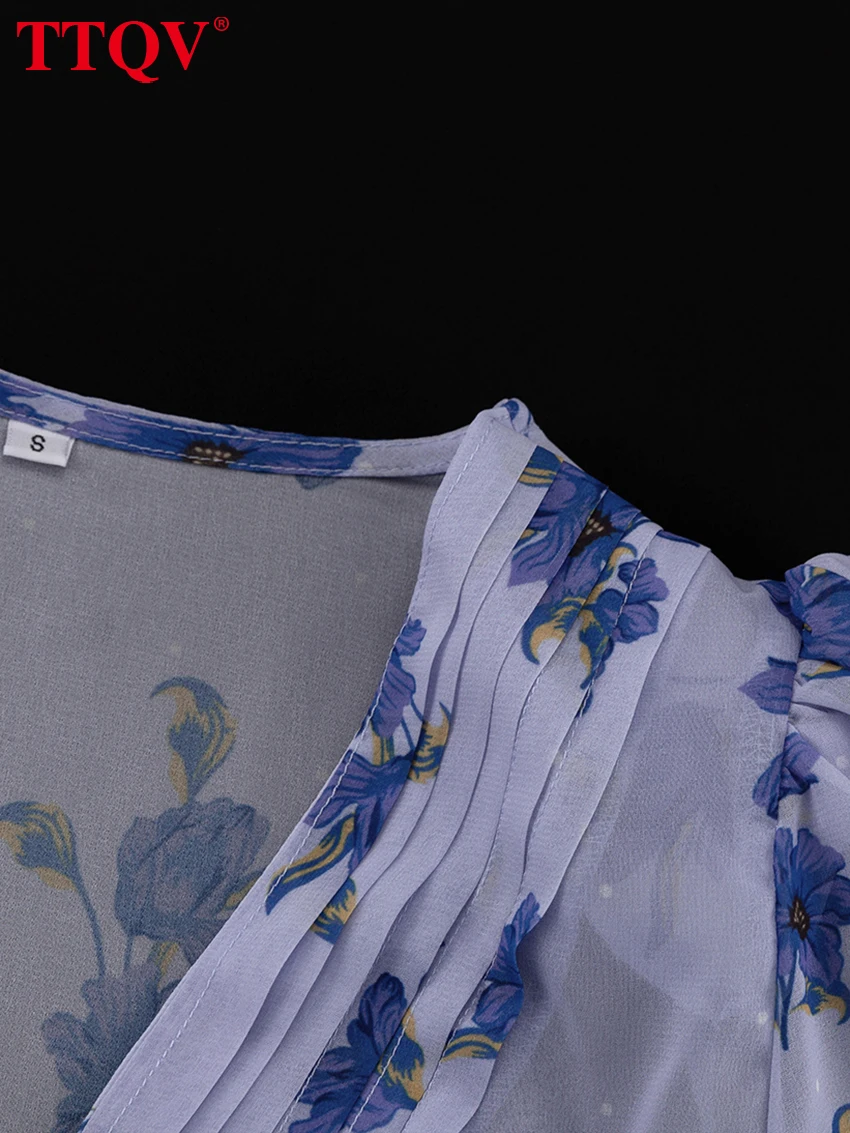 TTQV Fashion Loose Print Women Dress 2025 Sexy Deep V-Neck Short Sleeve Mini Dresses Elegant Classic High Waist Female Dress