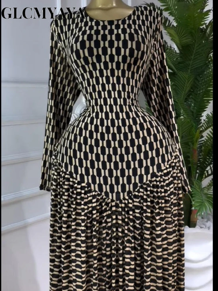 CM.YAYA Women Plaid Round Neckline Long Sleeve Fit and Flare Long Maxi Dress 2025 Even Party Education Vacation Dresses Vestidos