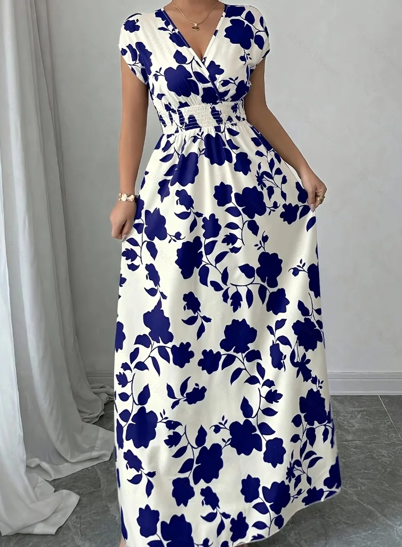 Summer Women's V-neck Dress Short-sleeved High-waisted Plant Print Simple Fashion Holiday Casual Long Dress for Female