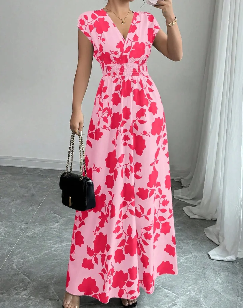 Summer Women's V-neck Dress Short-sleeved High-waisted Plant Print Simple Fashion Holiday Casual Long Dress for Female