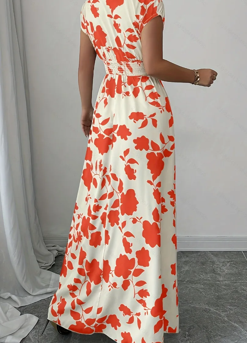 Summer Women's V-neck Dress Short-sleeved High-waisted Plant Print Simple Fashion Holiday Casual Long Dress for Female