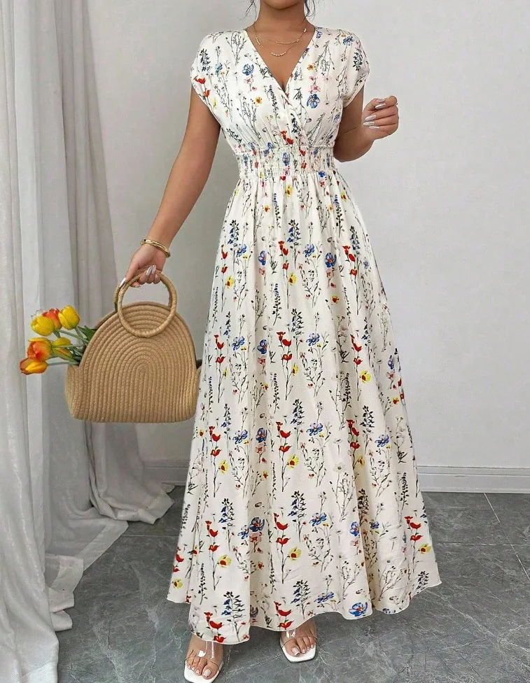Summer Women's V-neck Dress Short-sleeved High-waisted Plant Print Simple Fashion Holiday Casual Long Dress for Female