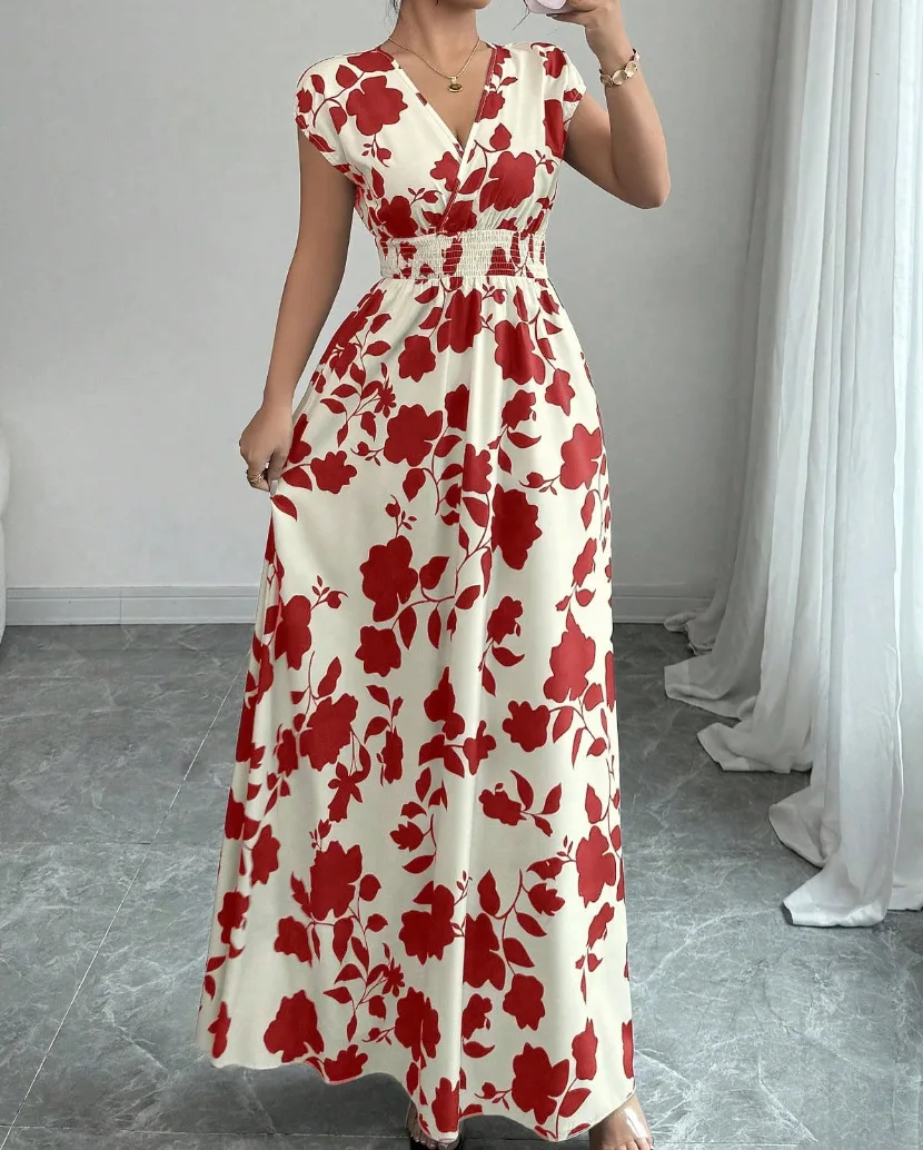 Summer Women's V-neck Dress Short-sleeved High-waisted Plant Print Simple Fashion Holiday Casual Long Dress for Female