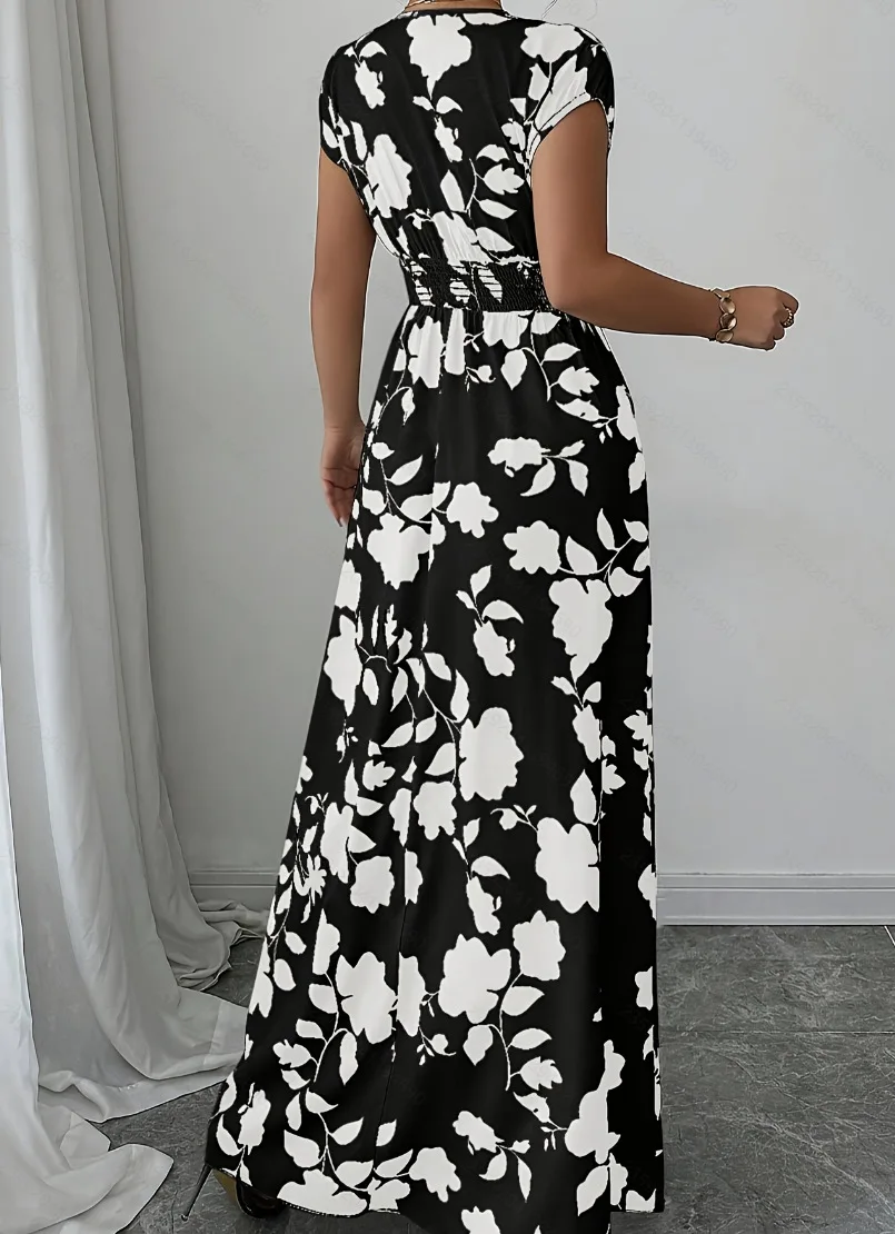Summer Women's V-neck Dress Short-sleeved High-waisted Plant Print Simple Fashion Holiday Casual Long Dress for Female