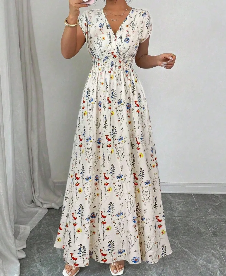 Summer Women's V-neck Dress Short-sleeved High-waisted Plant Print Simple Fashion Holiday Casual Long Dress for Female