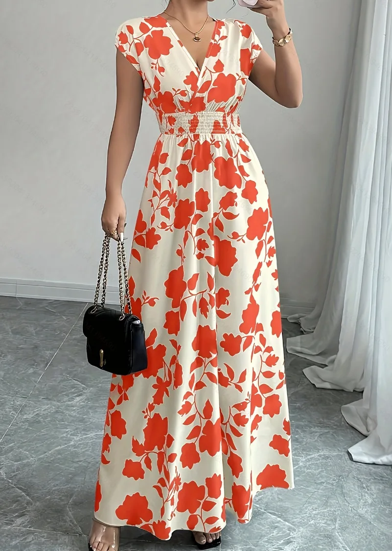 Summer Women's V-neck Dress Short-sleeved High-waisted Plant Print Simple Fashion Holiday Casual Long Dress for Female