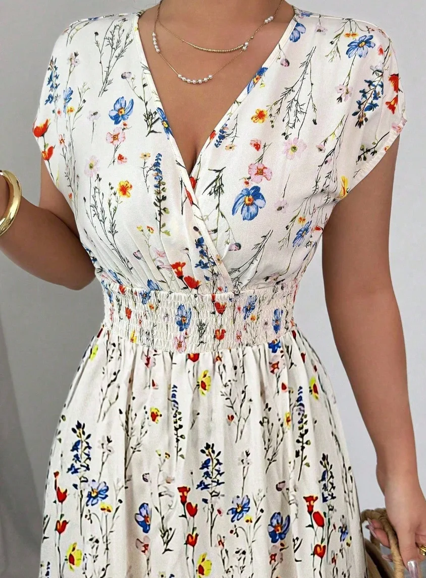 Summer Women's V-neck Dress Short-sleeved High-waisted Plant Print Simple Fashion Holiday Casual Long Dress for Female