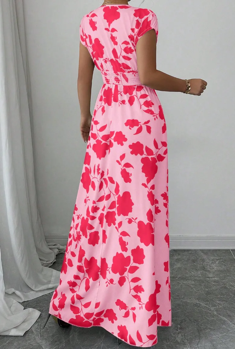 Summer Women's V-neck Dress Short-sleeved High-waisted Plant Print Simple Fashion Holiday Casual Long Dress for Female