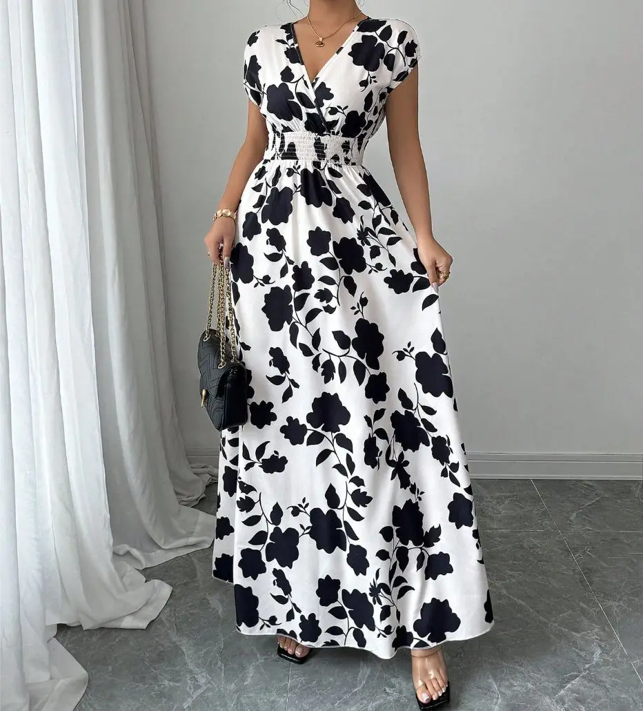 Summer Women's V-neck Dress Short-sleeved High-waisted Plant Print Simple Fashion Holiday Casual Long Dress for Female