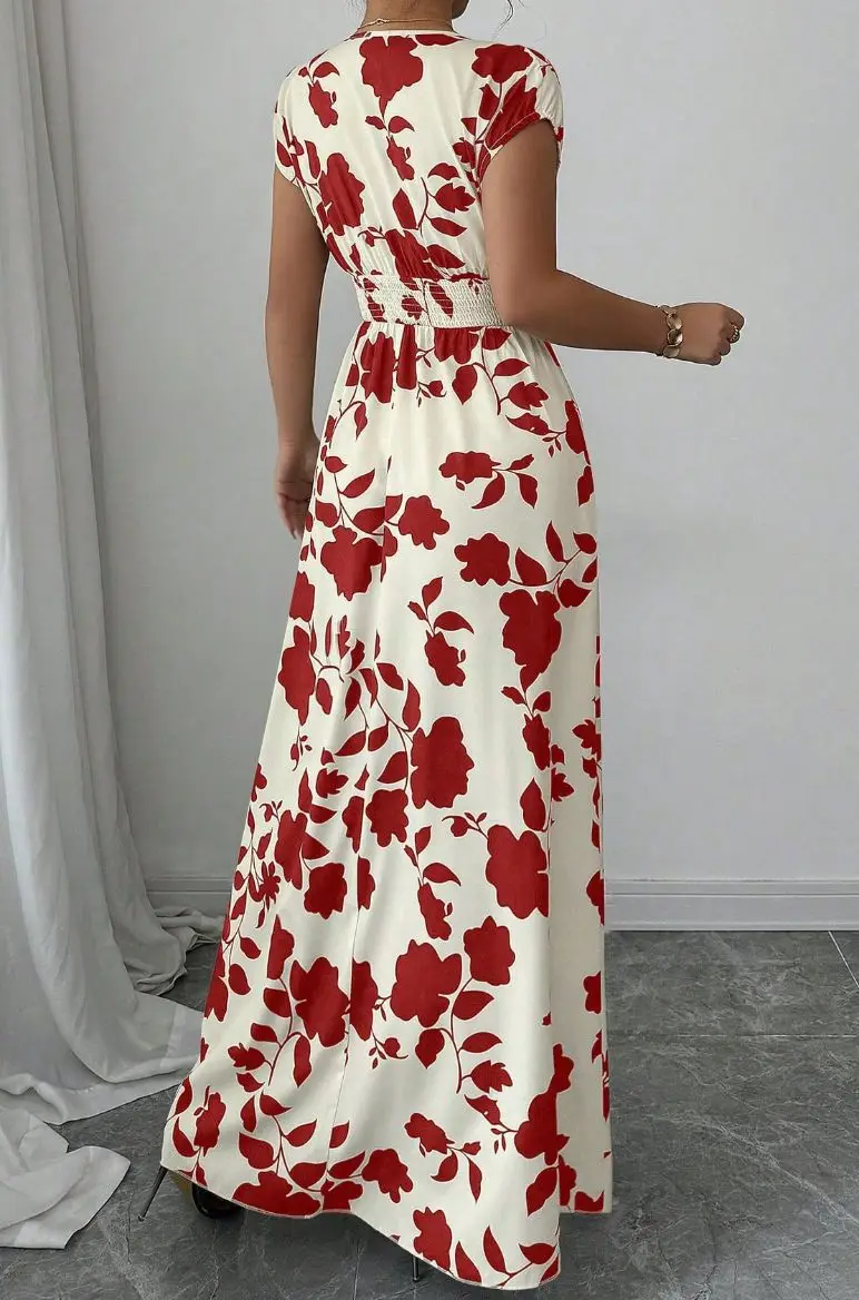 Summer Women's V-neck Dress Short-sleeved High-waisted Plant Print Simple Fashion Holiday Casual Long Dress for Female