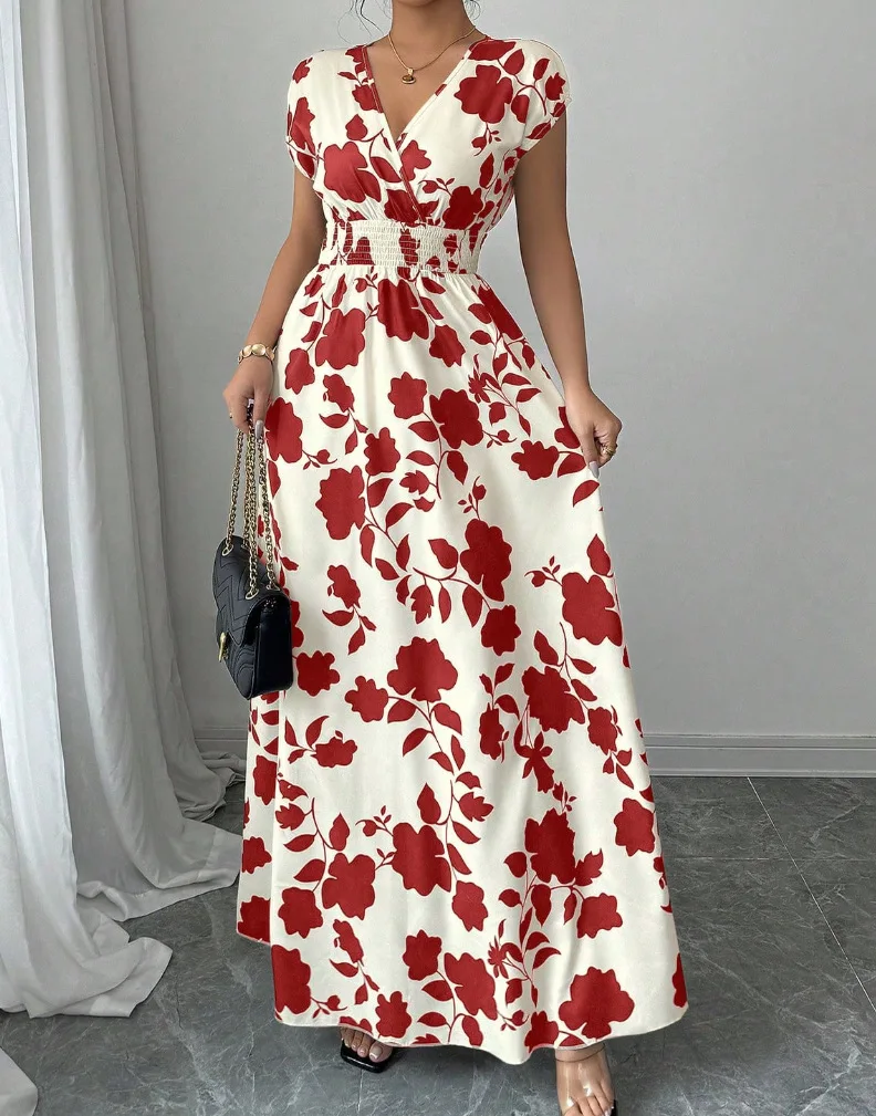 Summer Women's V-neck Dress Short-sleeved High-waisted Plant Print Simple Fashion Holiday Casual Long Dress for Female