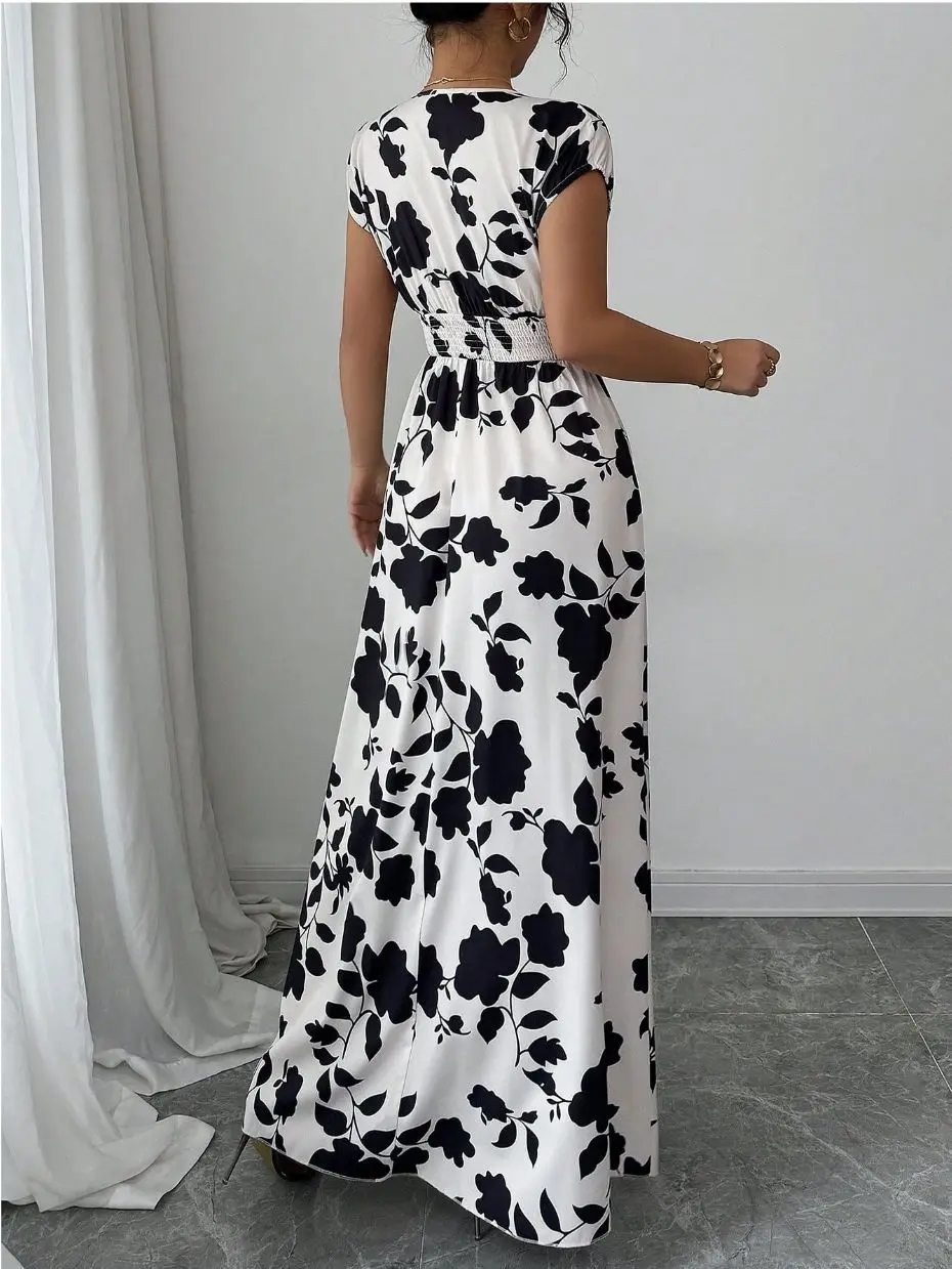 Summer Women's V-neck Dress Short-sleeved High-waisted Plant Print Simple Fashion Holiday Casual Long Dress for Female