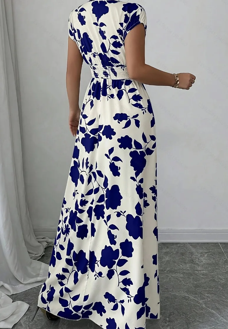 Summer Women's V-neck Dress Short-sleeved High-waisted Plant Print Simple Fashion Holiday Casual Long Dress for Female