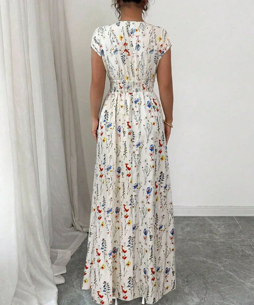 Summer Women's V-neck Dress Short-sleeved High-waisted Plant Print Simple Fashion Holiday Casual Long Dress for Female