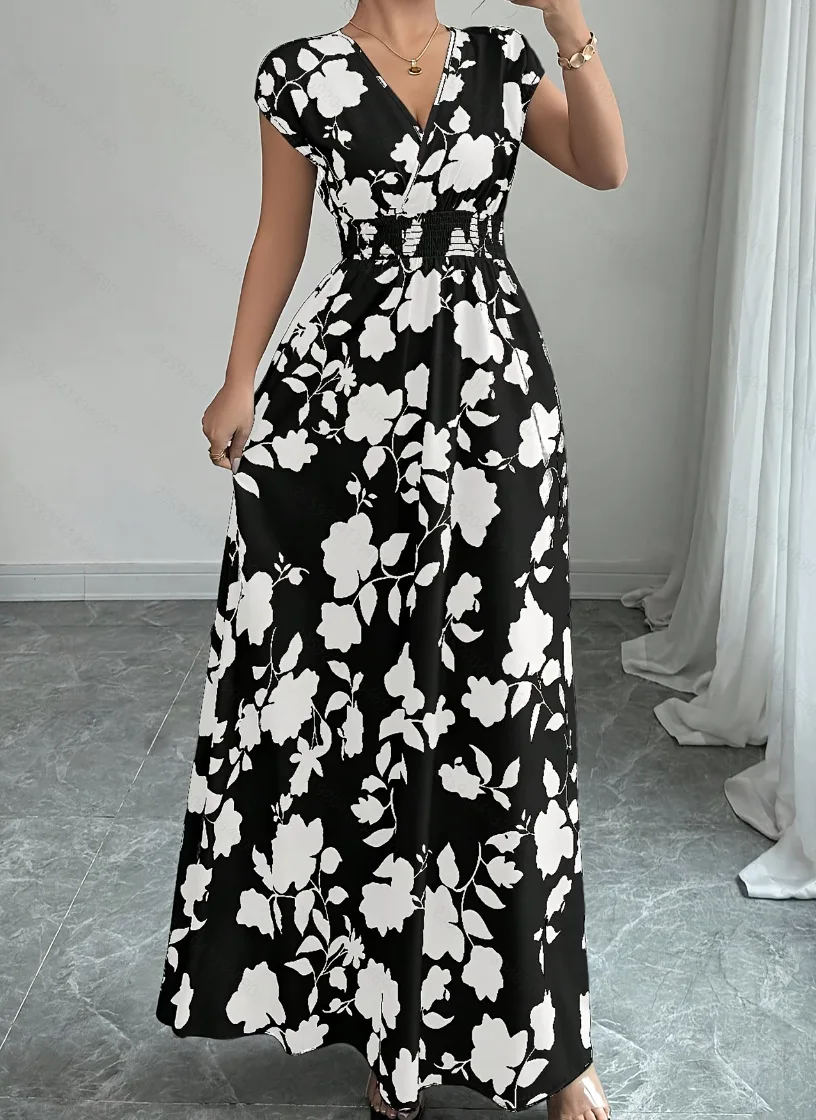 Summer Women's V-neck Dress Short-sleeved High-waisted Plant Print Simple Fashion Holiday Casual Long Dress for Female