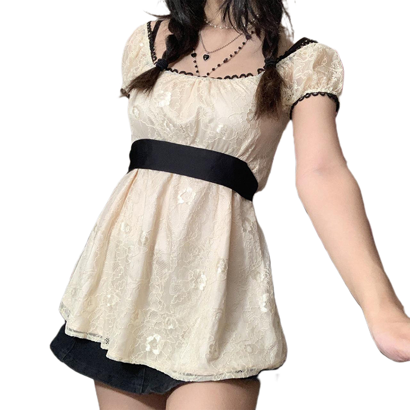 Xingqing 2024 Sweet Fairy Grunge Lace A Line Dresses Summer Women Patchwork Puff Sleeve Kawaii Dress 2000s Aesthetic Outfits