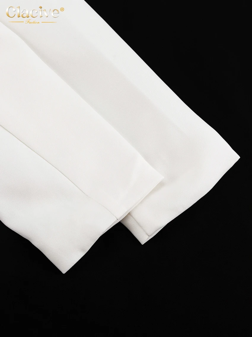 Clacive Sexy Slim White Women's Dress 2025 Fashion V-Neck Long Sleeve Ankle Length Dresses Elegant Classic Slit Female Dress