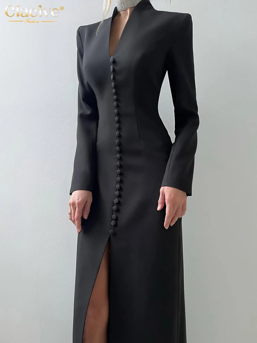 Clacive Sexy Slim White Women's Dress 2025 Fashion V-Neck Long Sleeve Ankle Length Dresses Elegant Classic Slit Female Dress