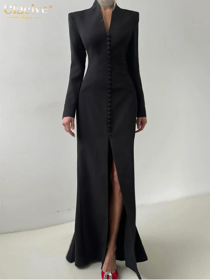 Clacive Sexy Slim White Women's Dress 2025 Fashion V-Neck Long Sleeve Ankle Length Dresses Elegant Classic Slit Female Dress