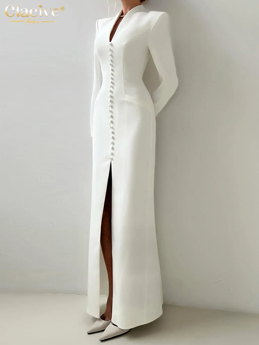 Clacive Sexy Slim White Women's Dress 2025 Fashion V-Neck Long Sleeve Ankle Length Dresses Elegant Classic Slit Female Dress