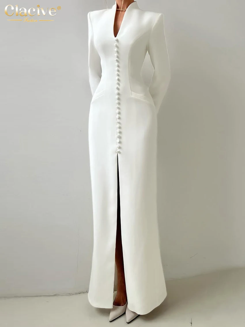 Clacive Sexy Slim White Women's Dress 2025 Fashion V-Neck Long Sleeve Ankle Length Dresses Elegant Classic Slit Female Dress