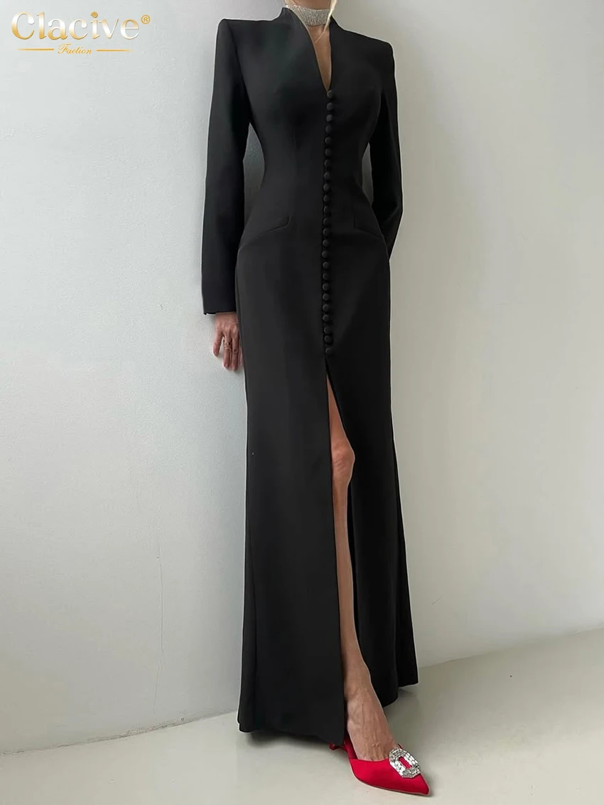 Clacive Sexy Slim White Women's Dress 2025 Fashion V-Neck Long Sleeve Ankle Length Dresses Elegant Classic Slit Female Dress