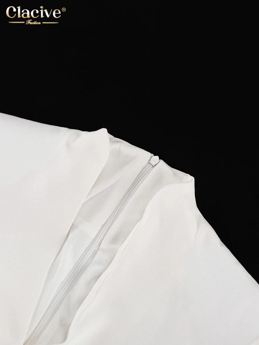 Clacive Sexy Slim White Women's Dress 2025 Fashion V-Neck Long Sleeve Ankle Length Dresses Elegant Classic Slit Female Dress