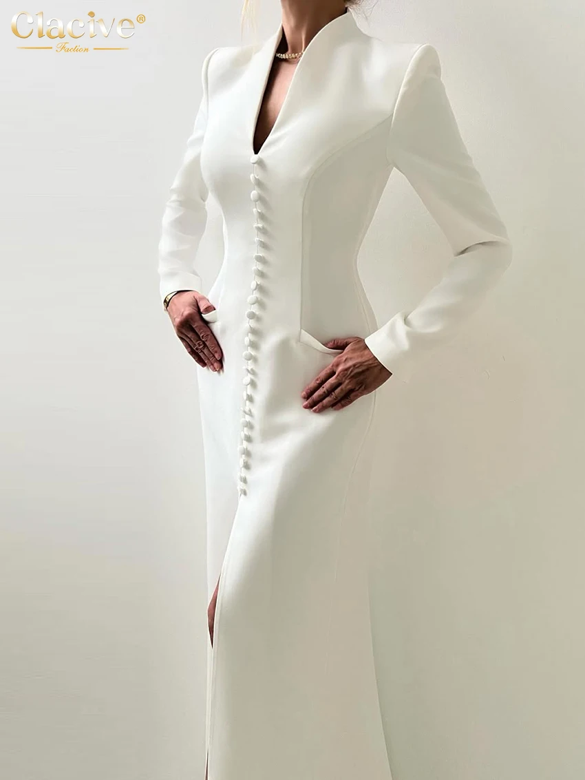 Clacive Sexy Slim White Women's Dress 2025 Fashion V-Neck Long Sleeve Ankle Length Dresses Elegant Classic Slit Female Dress
