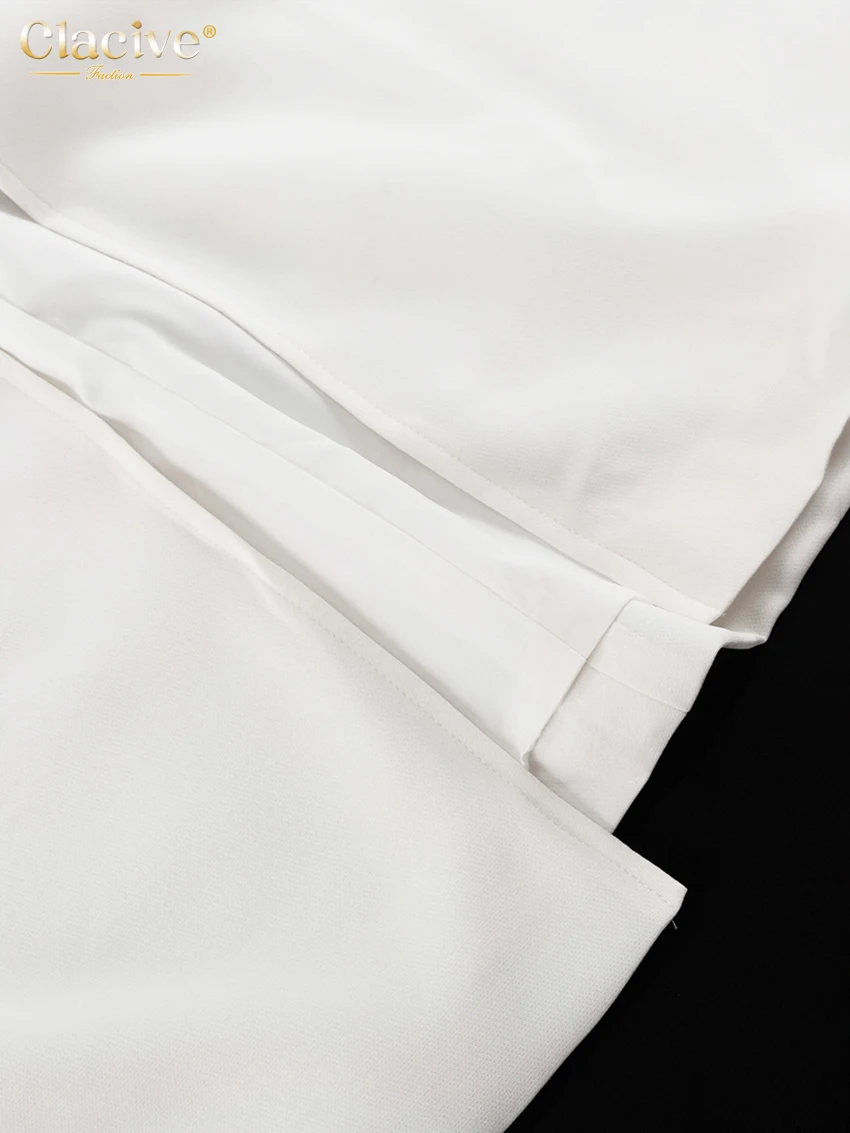 Clacive Sexy Slim White Women's Dress 2025 Fashion V-Neck Long Sleeve Ankle Length Dresses Elegant Classic Slit Female Dress