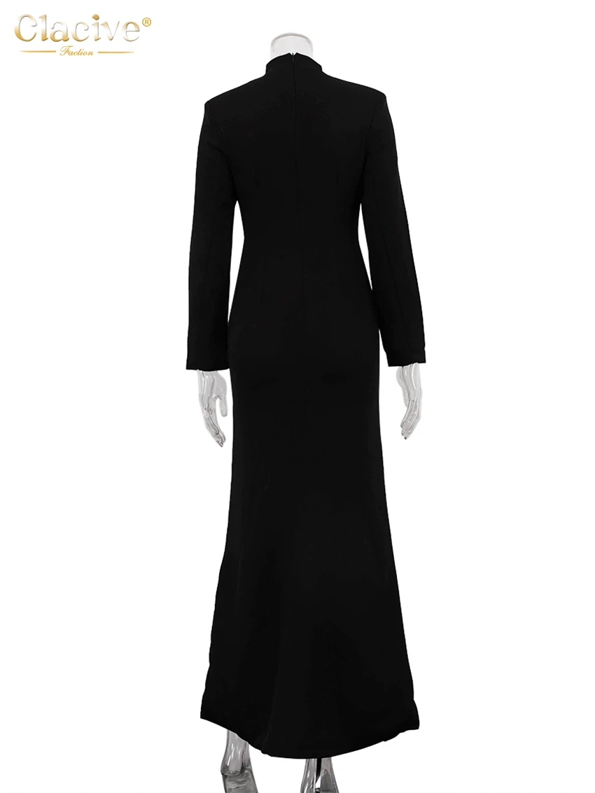 Clacive Sexy Slim White Women's Dress 2025 Fashion V-Neck Long Sleeve Ankle Length Dresses Elegant Classic Slit Female Dress