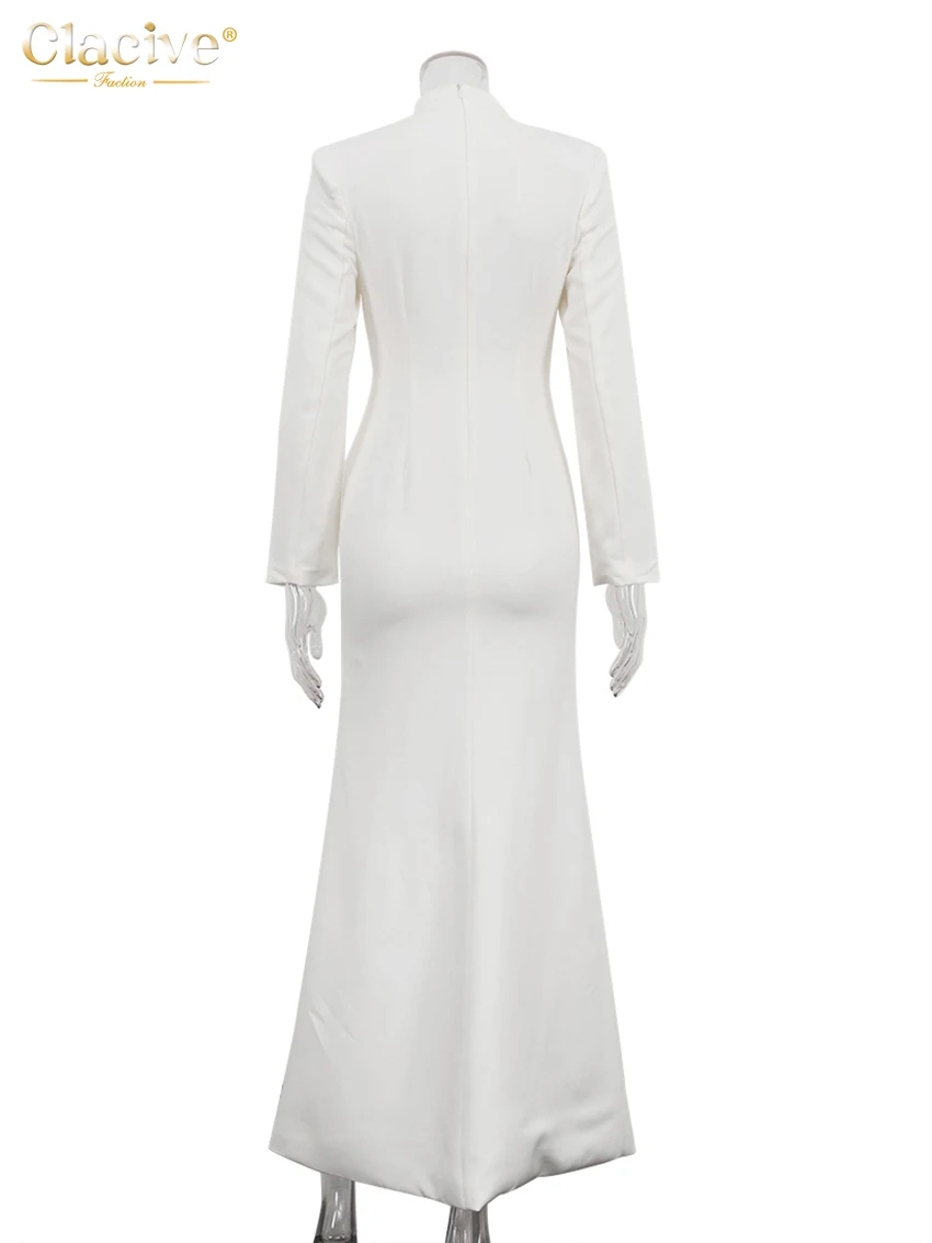 Clacive Sexy Slim White Women's Dress 2025 Fashion V-Neck Long Sleeve Ankle Length Dresses Elegant Classic Slit Female Dress