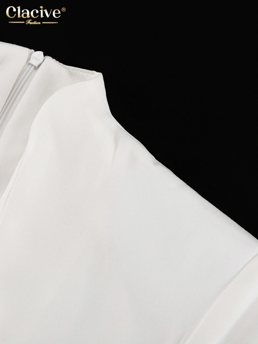 Clacive Sexy Slim White Women's Dress 2025 Fashion V-Neck Long Sleeve Ankle Length Dresses Elegant Classic Slit Female Dress