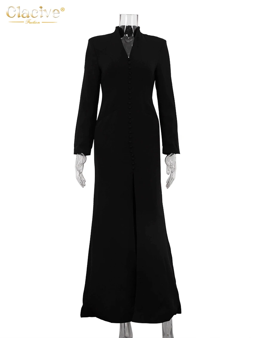 Clacive Sexy Slim White Women's Dress 2025 Fashion V-Neck Long Sleeve Ankle Length Dresses Elegant Classic Slit Female Dress