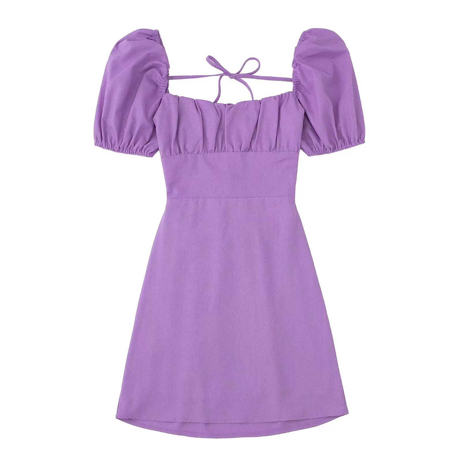 Women White Fashion Linen Blend Dress Female Square Neck Short Puff Sleeves Backless Crossover Straps Dress for Women's