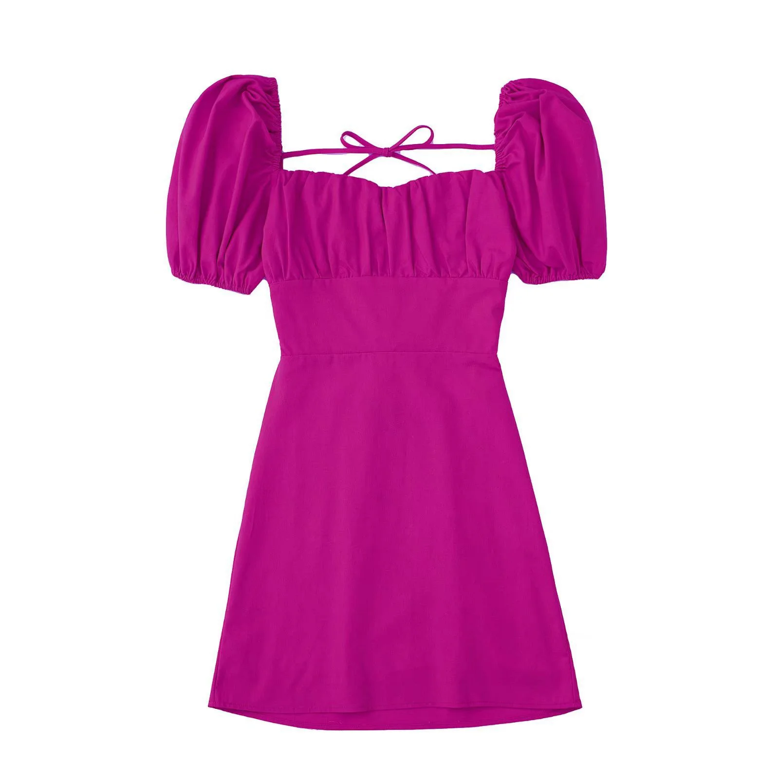 Women White Fashion Linen Blend Dress Female Square Neck Short Puff Sleeves Backless Crossover Straps Dress for Women's