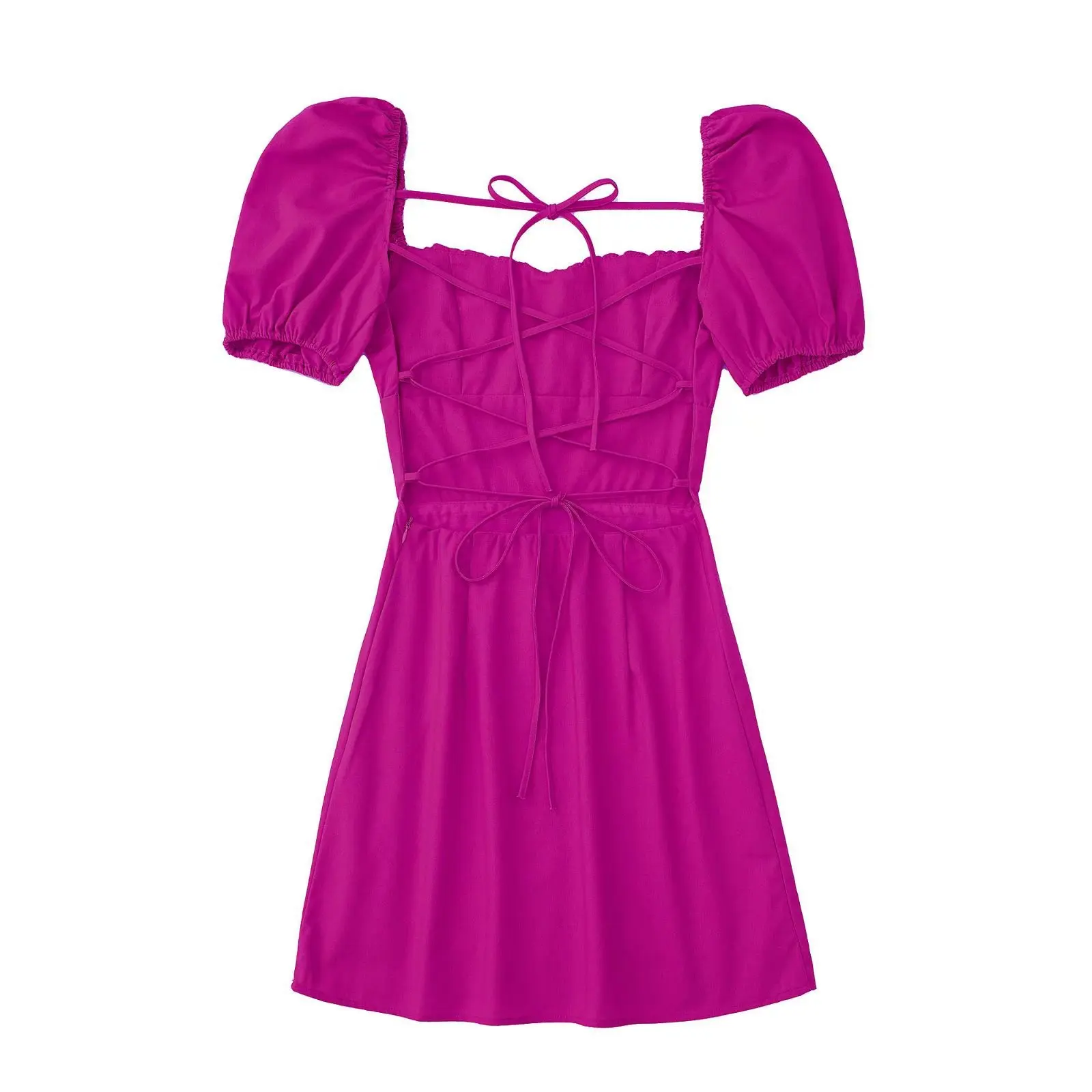 Women White Fashion Linen Blend Dress Female Square Neck Short Puff Sleeves Backless Crossover Straps Dress for Women's