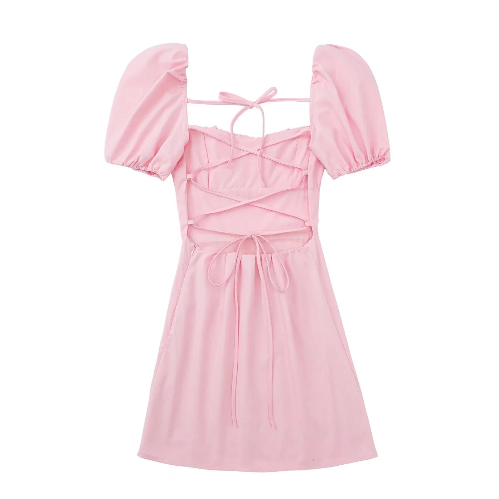 Women White Fashion Linen Blend Dress Female Square Neck Short Puff Sleeves Backless Crossover Straps Dress for Women's
