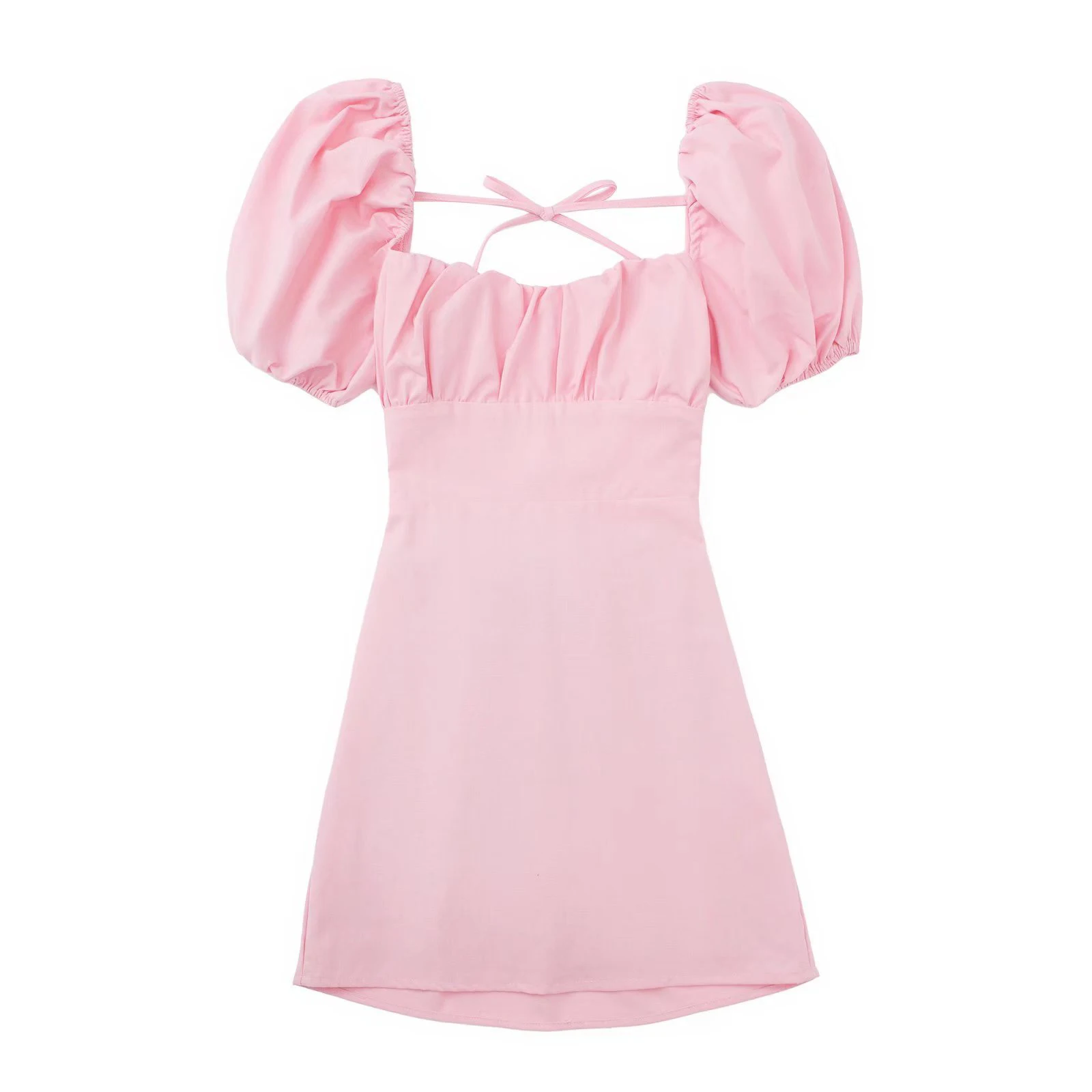 Women White Fashion Linen Blend Dress Female Square Neck Short Puff Sleeves Backless Crossover Straps Dress for Women's