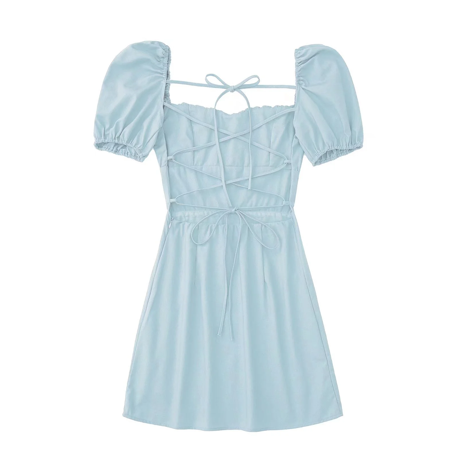 Women White Fashion Linen Blend Dress Female Square Neck Short Puff Sleeves Backless Crossover Straps Dress for Women's