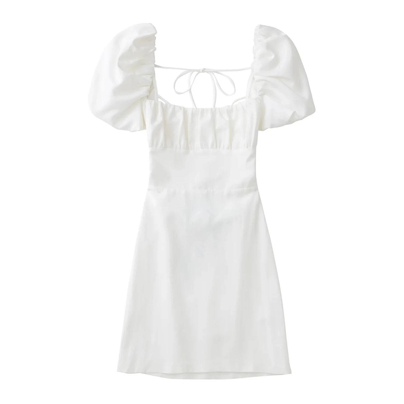 Women White Fashion Linen Blend Dress Female Square Neck Short Puff Sleeves Backless Crossover Straps Dress for Women's
