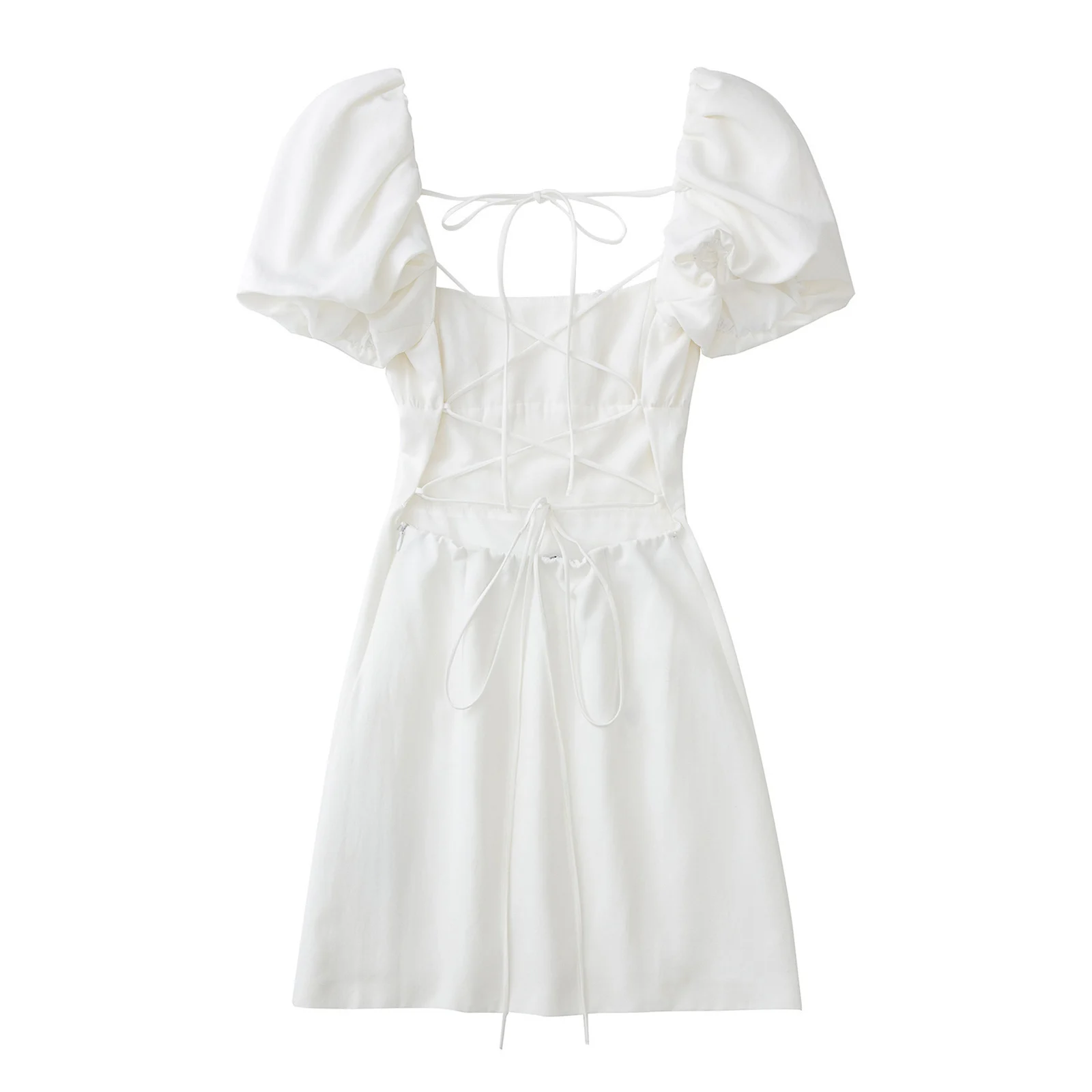 Women White Fashion Linen Blend Dress Female Square Neck Short Puff Sleeves Backless Crossover Straps Dress for Women's
