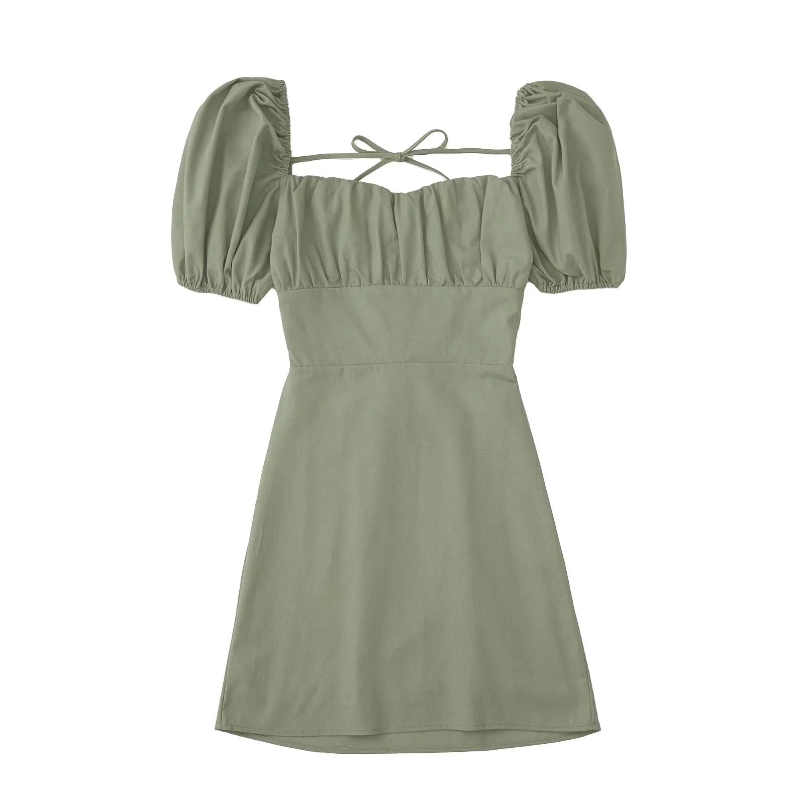 Women White Fashion Linen Blend Dress Female Square Neck Short Puff Sleeves Backless Crossover Straps Dress for Women's